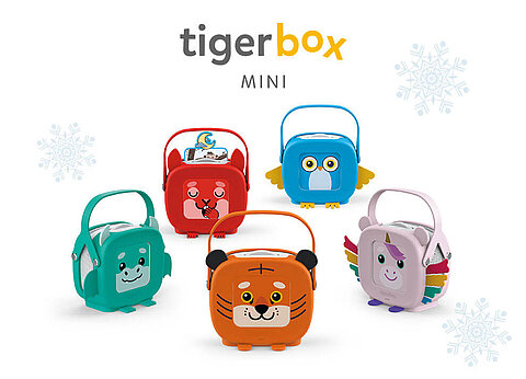 Tigerbox Mini mit fünf farbenfrohen, tragbaren Geräten mit Tiermotiven.