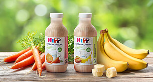 Zwei Flaschen "Hipp SondenaHRUNG"-Smoothies, die jeweils eine andere Obst- und Gemüsemischung enthalten, begleitet von frischen Karotten und Bananen.