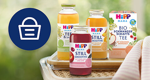 Eine Reihe von Produkten der Marke 'Hipp', die als 'MAMASANFT' bezeichnet werden. Diese Produkte umfassen eine Körperbutter, ein Massageöl und einen Bio-Schwangerschaftstee.