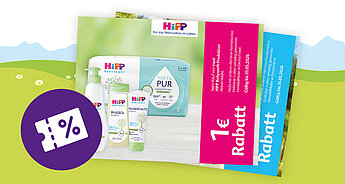 Eine Reihe von Werbebroschüren für 'HIP BABYSANFT' mit verschiedenen Angeboten und Rabatten im Zusammenhang mit Babypflegeprodukten.