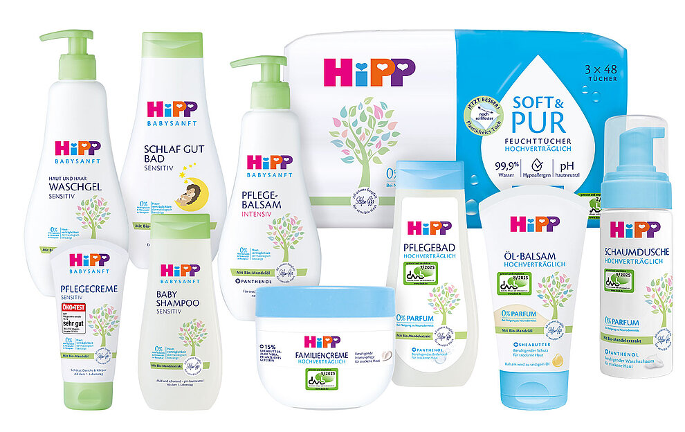 Eine Reihe von Babypflegeprodukten von Hipp, einschließlich einer Vielzahl von Lotionen, Cremes und Waschmitteln, mit einem Schwerpunkt auf natürlichen und biologischen Inhaltsstoffen.