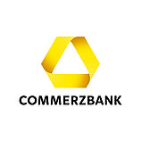 Ein Logo in Form eines gelben Dreiecks, das mit dem Wort "COMMERZBANK" in schwarzer Schrift verschlungen ist.