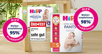 Zwei Packungen Babywindeln der Marke 'HiPP', die deren Premium-Qualität und die Promotion der Linie 'Premium Windsor' unterstreichen.