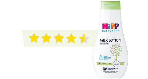 Eine Flasche "HiPP Babysanft"-Milchlotion, die als "Sensitiv" bezeichnet wird und aufgrund einer Bewertung von "Mit Bio-Mandel" eine 5-Sterne-Bewertung erhalten hat.