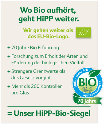 Eine Werbebotschaft für ein Produkt, die seine Biozertifizierung, seine langjährige Geschichte und die Anzahl der kontrollierten Produkte hervorhebt.