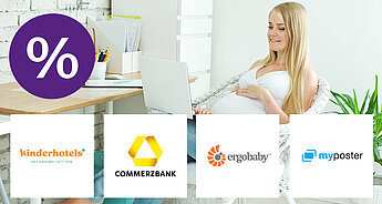 Eine Frau, die einen Laptop benutzt, mit Logos von 'kinderhotels.com', 'COMMERZBANK', 'ergobaby' und 'myposter' im Vordergrund.