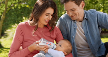 Ein fröhlicher Familienmoment im Freien mit einer Frau, die ihr Baby mit der Flasche füttert, während ein Mann lächelnd zusieht.