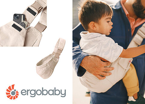 Ergobaby-Babytrage mit integrierter Handytasche, die von einem Mann mit einem Kind getragen wird.