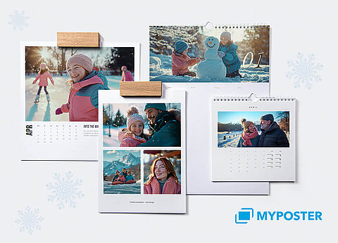 Kalender mit Wintermotiven und dem MyPoster-Logo.
