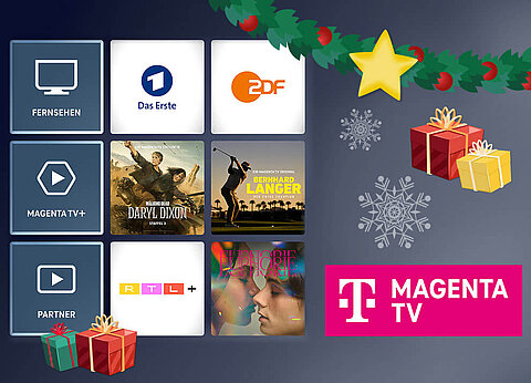 Ein Raster aus App-Symbolen und Logos, mit einer festlichen Dekoration in der oberen rechten Ecke.