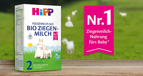 Eine Packung "Hipp"-Babymilch mit der Aufschrift "BIO ZIEGEN-MILCH" und einem "BIO"-Etikett, geeignet für Säuglinge ab 6 Monaten. Auf der Packung ist angegeben, dass sie aus Ziegenmilch hergestellt wird und für Vegetarier geeignet ist.