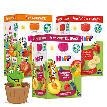 Drei Schachteln 'Hippis' Fruchtbeutel, die jeweils eine andere Fruchtmischung enthalten, mit unterschiedlichen Farben und Designs auf der Verpackung.