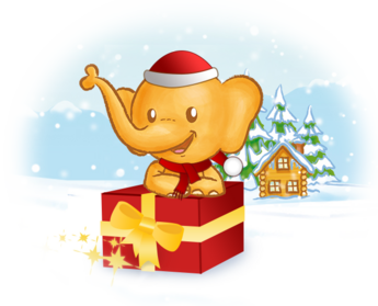 Ein fröhlicher gelber Elefant mit Weihnachtsmannmütze und Schal sitzt in einem roten Geschenkkarton mit goldener Schleife vor einer verschneiten Landschaft mit Haus und Bäumen.