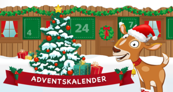 Adventskalender mit einem Reh, einem Weihnachtsbaum und Geschenken.