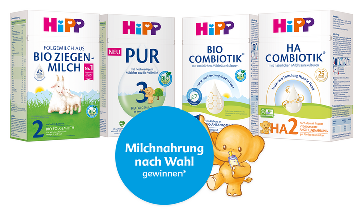 Vier Schachteln mit Babymilchprodukten der Marke "HiPP", die jeweils verschiedene Stadien der Milchzubereitung zeigen, sowie eine animierte Elefantenfigur, die eine Milchflasche hält.