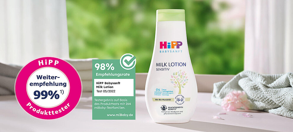 Eine Produktwerbung für ein Babypflegeprodukt mit dem Namen "Hipp Baby Sanft", in der die 99%ige Wirksamkeit bei Wasserempfehlungen und die Empfindlichkeit der Babyhaut hervorgehoben werden.