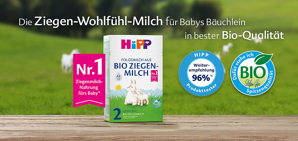 Ein Produkt mit der Bezeichnung "Hipp", das eine biologisch hochwertige Ziegenmilchnahrung für Säuglinge ist und dessen biologischen und hochwertigen Charakter hervorhebt.
