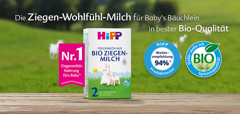 Ein Produkt mit der Bezeichnung "Hipp", das eine biologisch hochwertige Ziegenmilchnahrung für Säuglinge ist und dessen biologischen und hochwertigen Charakter hervorhebt.