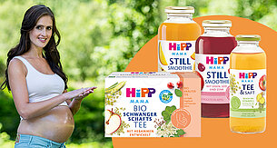 Eine Frau in einem Garten, die für verschiedene Produkte der Marke "Hipp Mamsanft" wirbt, die als natürlich und biologisch gekennzeichnet sind.