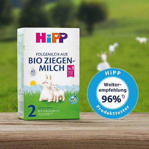 Eine Packung Hipp"-Babynahrung mit der Aufschrift Folgemilch aus Bio Ziegen-Milch" für Säuglinge ab 6 Monaten. Die Milchnahrung ist als "Produkttester" gekennzeichnet und hat eine Empfehlungsrate von 96 %.