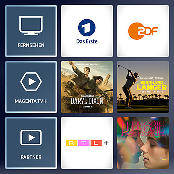 Verschiedene Inhalte von Magenta-TV, darunter "Das Erste", "2DF", "Magenta TV+", "Outlander", "Blood & Blood", "Rise of the Raven", "Wonka" und "Aquaman".