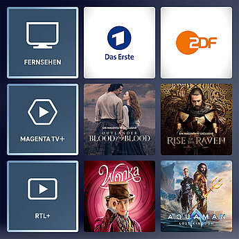 Verschiedene Inhalte von Magenta-TV, darunter "Das Erste", "2DF", "Magenta TV+", "Outlander", "Blood & Blood", "Rise of the Raven", "Wonka" und "Aquaman".