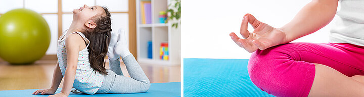 Ein junges Mädchen in einer Yogastellung auf einer blauen Matte, mit einer Nahaufnahme der Hand einer Person in einer meditativen Haltung.