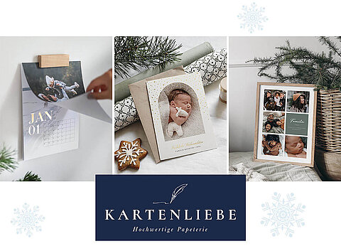 Kartenliebe bietet eine Vielzahl von personalisierten Fotoprodukten, darunter Kalender, Grußkarten und gerahmte Fotocollagen vor winterlicher Kulisse.