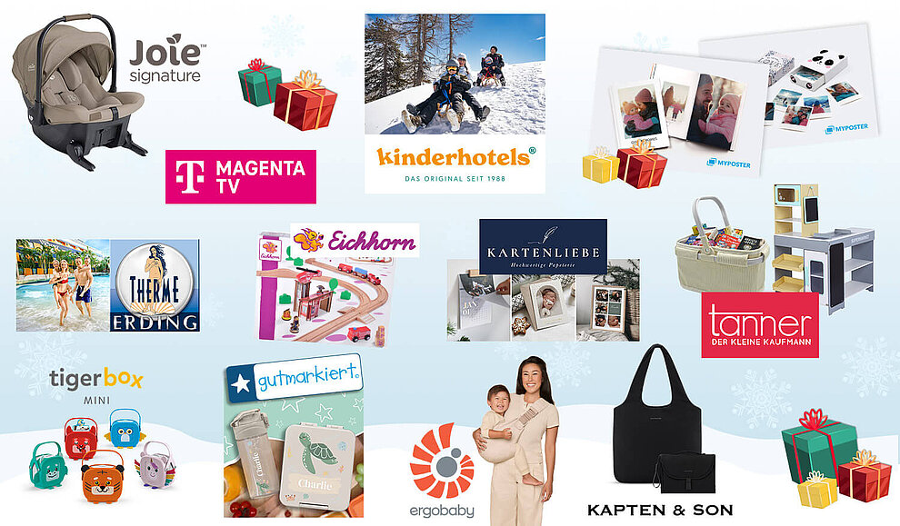 Eine Vielzahl von Produkten und Marken, darunter Kinderwagen, Spielzeug und Haushaltsartikel, mit einigen Werbetexten und Logos.