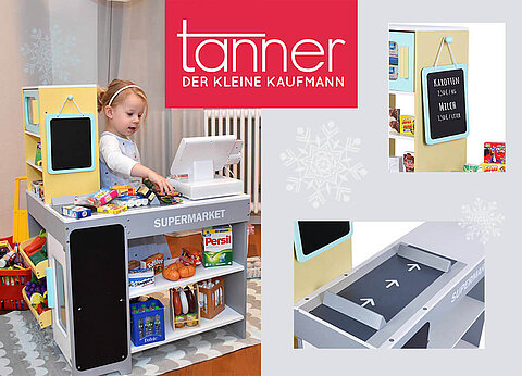 Ein Kind interagiert mit einem Spielzeugsupermarkt-Set, während die Marke "Tanner" an prominenter Stelle abgebildet ist.