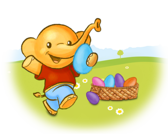 Ein fröhlicher Elefant, der ein blaues Ei in der Hand hält und neben einem Korb mit bunten Eiern in einem grünen Feld mit weißen Blumen steht.