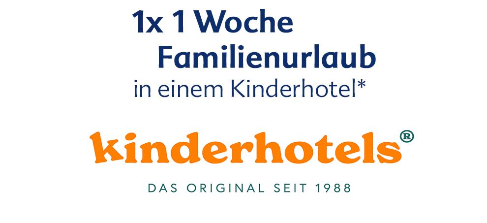 Ein Sonderangebot von "kinderhotels", bei dem die Kunden einen "2x1-Wochen-Familienurlaub" in einem ihrer Hotels in Anspruch nehmen können.