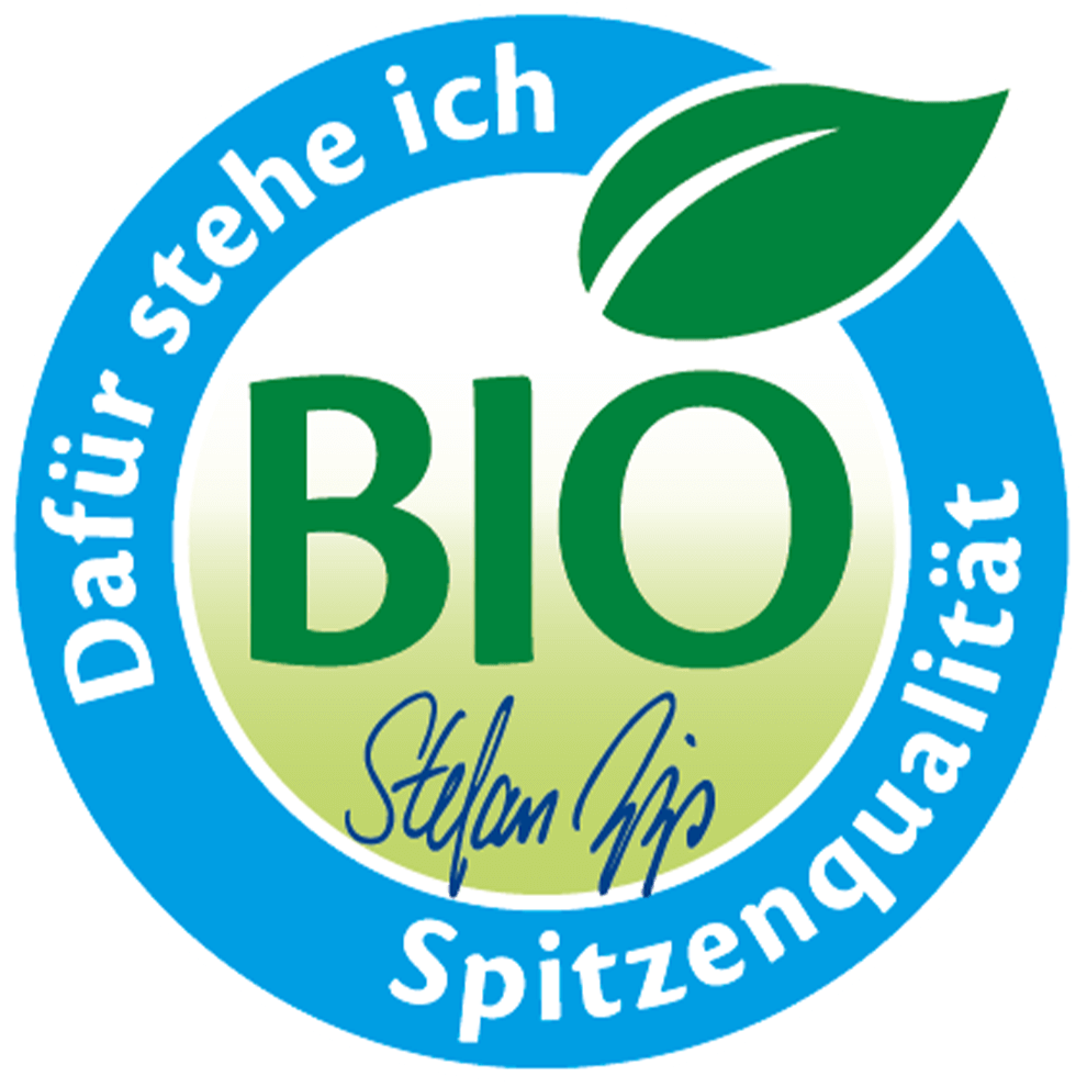 Ein kreisförmiges Logo mit dem Text "Dafür stehe ich" in der Mitte, gefolgt von "BIO" und "Stefan J." darunter. Das Logo wird von einem grünen Blatt und einer blauen Umrandung umrahmt.