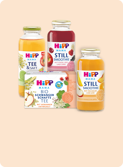 Eine Reihe von Getränken und Tees der Marke "Hipp", die ihre biologischen und natürlichen Zutaten hervorheben.