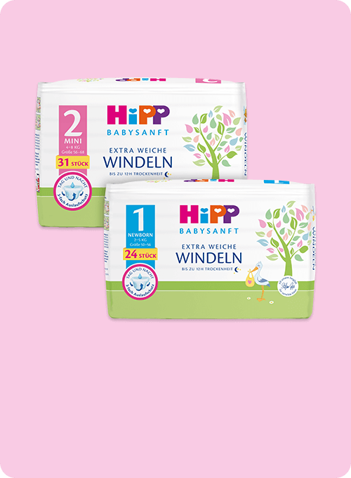Zwei Packungen Babywindeln, eine mit der Aufschrift "2 Mini" und die andere mit der Aufschrift "1 Newborn", beide von der Marke "Hipp".