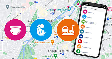 Eine Kartenschnittstelle mit verschiedenen Symbolen, die verschiedene Annehmlichkeiten und Dienstleistungen, wie Windeln, Stillen und Kinderwagen, darstellen, neben einem Mobiltelefon, das eine Liste dieser Annehmlichkeiten anzeigt.
