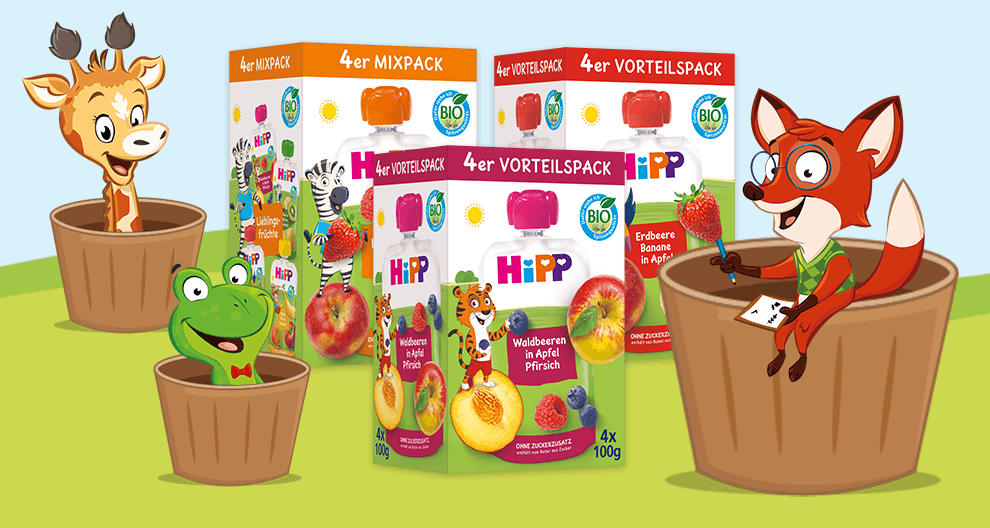 Eine Reihe von 'HiPPis'-Fruchtbeuteln mit verschiedenen Fruchtgeschmacksrichtungen, begleitet von animierten Figuren einer Giraffe, eines Frosches und eines Fuchses.
