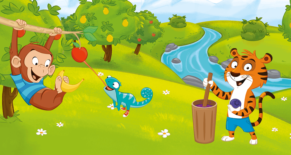 Eine lebhafte Szene im Freien mit einem Affen, der an einem Baum schwingt, einem Tiger, der einen Eimer mit lila Saft hält, und einem blauen Dinosaurier, der mit einer Banane spielt.
