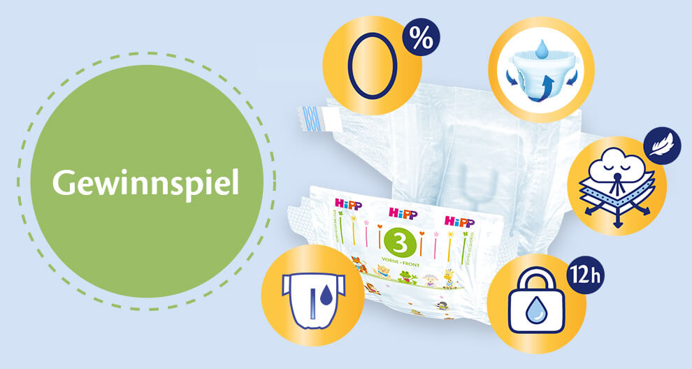 Ein grüner kreisförmiger Hintergrund mit dem deutschen Wort "Gewinnspiel" in weißer Schrift. Um das Wort herum befinden sich verschiedene Symbole, die Merkmale einer Babywindel darstellen, wie z. B. Wasserdichtigkeit, Saugfähigkeit und ein Schlosssymbol.