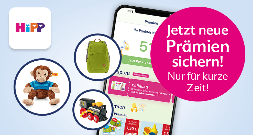 Eine mobile Anwendungsschnittstelle für "HiPP", die für eine neue Funktion wirbt, bei der die Nutzer Produkte für ihre Kinder kaufen können, wobei ein Affenplüschtier und ein grüner Rucksack als Produkte vorgestellt werden.