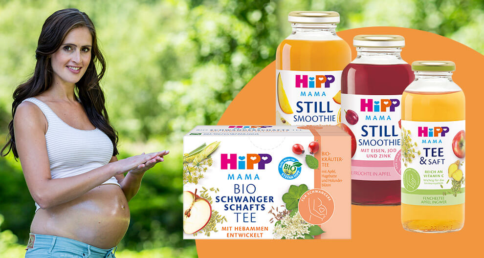 Eine Frau in einem Garten, die für verschiedene Produkte der Marke "Hipp Mamsanft" wirbt, die als natürlich und biologisch gekennzeichnet sind.